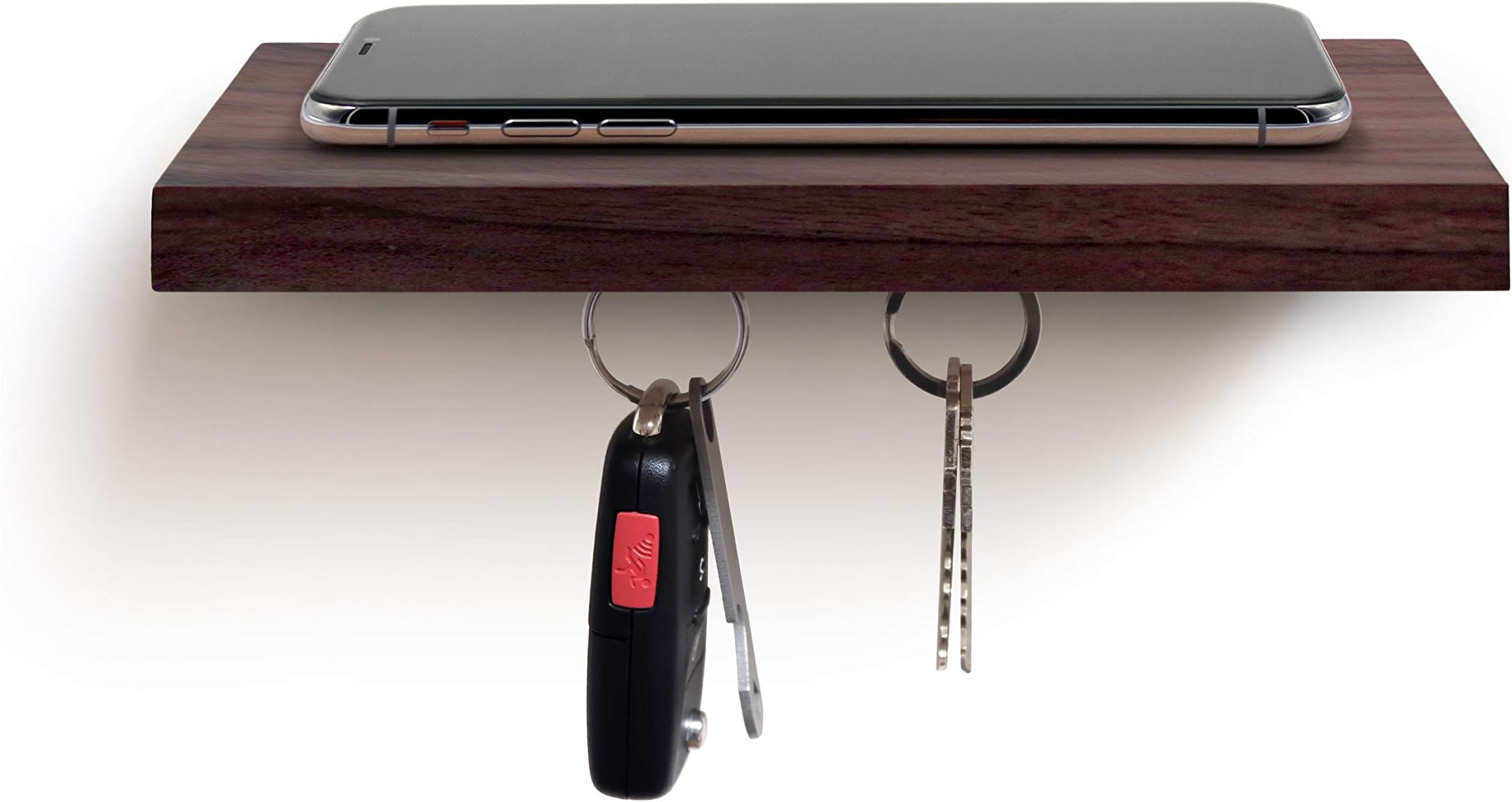 ILoveHandles Plank Floating Cell Phone Wall Mounted Wood Shelf with Magnetic Keyhook (Plank Plus - Walnut)