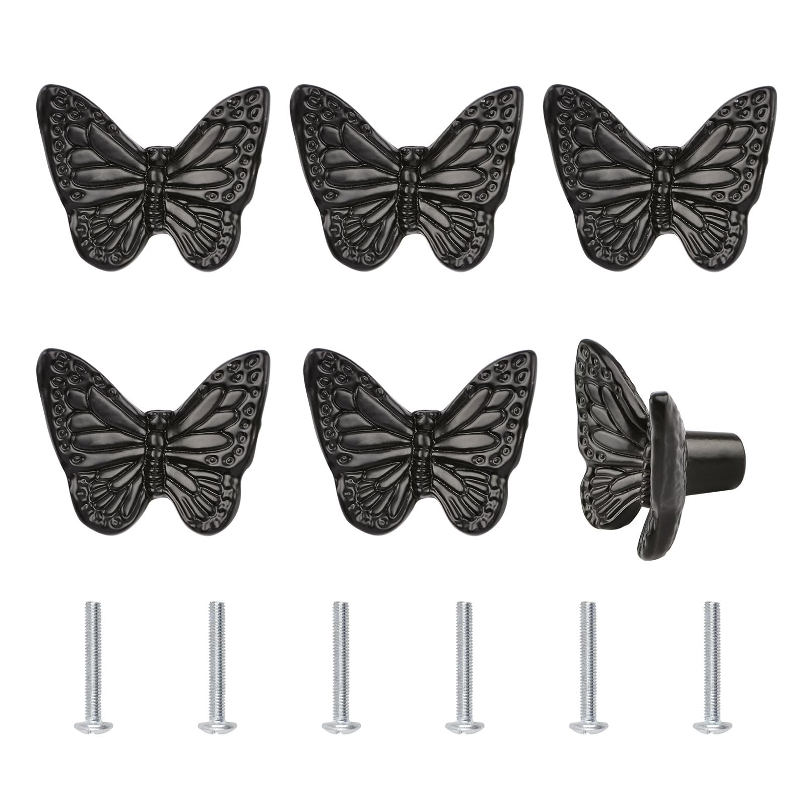 UFURMATE Drawer Knobs, 6Pcs Zinc Alloy Pulls Handles Antique Butterfly Style Single Hole Furniture Cabinet Knobs with Screws for Drawer, Cupboard (Black)