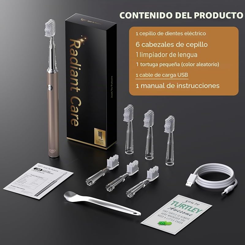 Escova de dentes elétrica Sonic com limpalínguas para adultos, 6 cabeças, 3 modos e 40000 VPM, carregamento rápido 3 horas e 45 dias, aspeto metálico (ouro rosa)