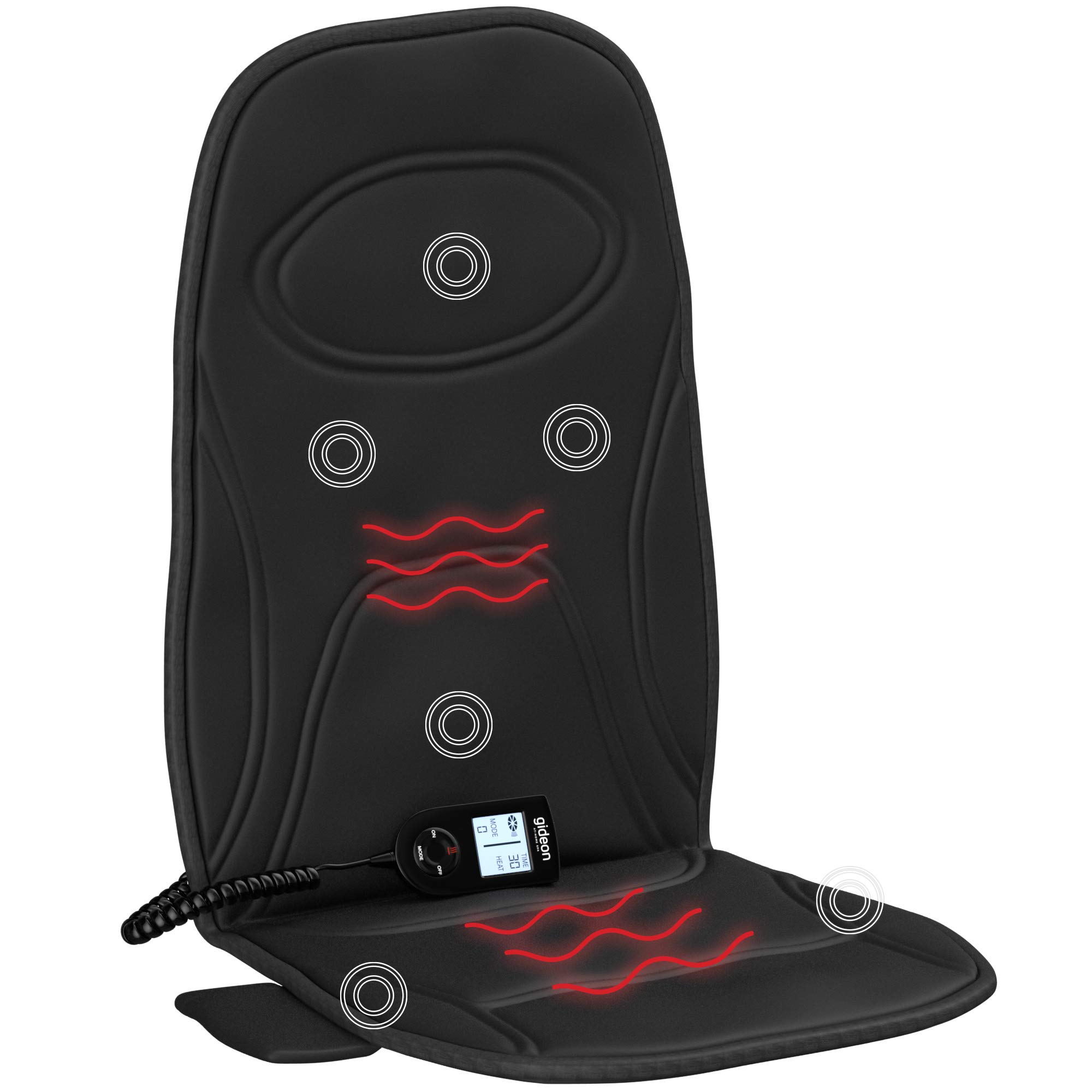 Gideon Powerful Vibrating Massager Seat Cushion for Back, Shoulder and Thighs with Heat Therapy / 8-Massaging Programs - Massage, Relax, Sooth and Relieve Thigh, Shoulder and Back Pain