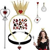 Dokeawo Hearts Queen Costume Accessories Women- Red Hearts Crown Headband, Earrings, Wand, Necklace & Tattoo Stickers for Halloween Cosplay Birthday Party Dress Up