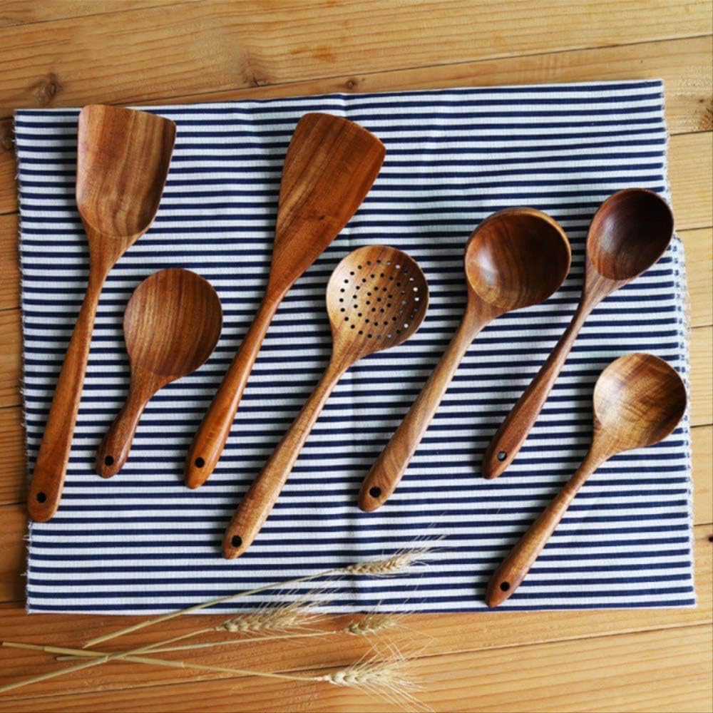 Wooden Utensils Set,Ladle Turner Long Rice Colander Soup Skimmer Cooking Spoons Scoop Kitchen Tool Set Household Teak Natural Wood Tableware Spoon