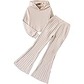WDIRARA Girl's 2 Piece Outfits Hooded Long Sleeve Tee and Flare Leg Rib Knit Pants Set