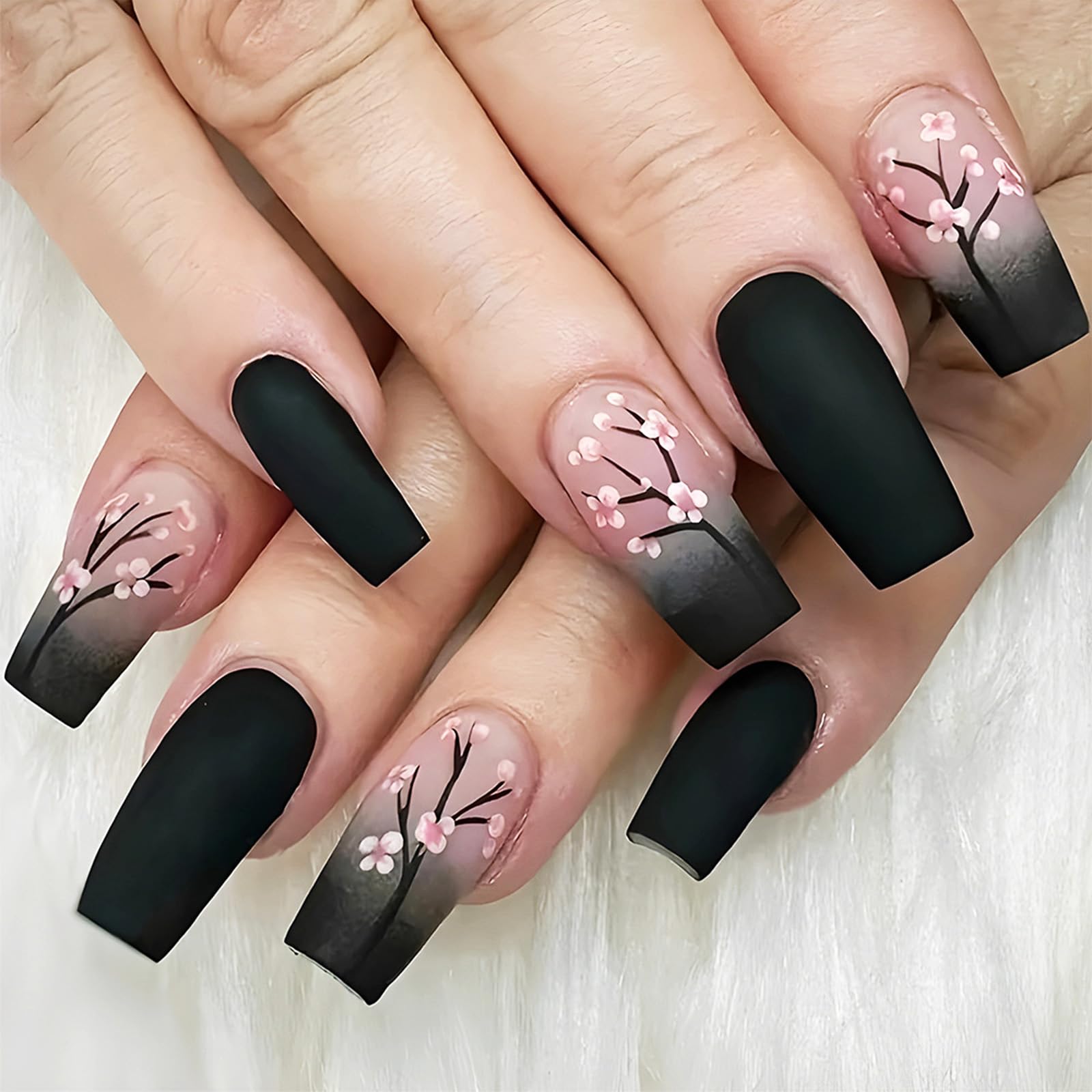 Winter Flower Press on Nails Black Gradient Medium Square False Nails 24 Pcs Glossy Pink Plum Blossom Acrylic Fake Nails Gel Glue on Nails Black French Tips Stick on Nails for Coquette Women Girls
