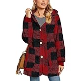 Bestbee Warm Fleece Jackets for Women, Plus Size Fuzzy Hooded Casual Coats Lidies 2025 Cardigan Sweaters Outerwear with Pockets, 2XL, Big Red Plaid