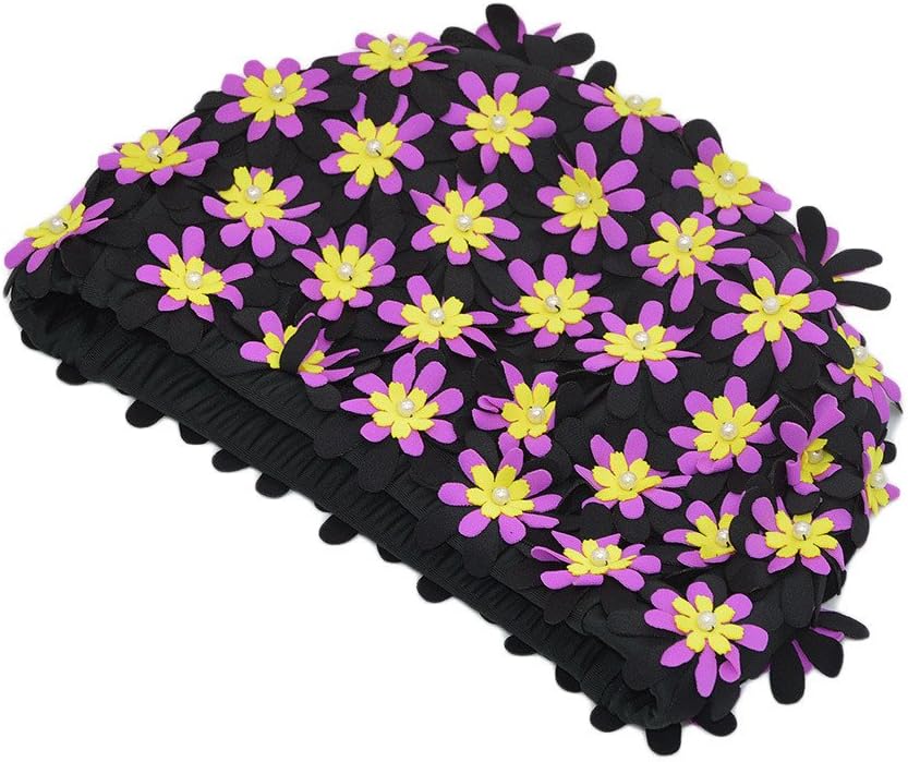 Medifier Swim cap Floral Petal Retro Style Bathing Caps for Women Black - Image 3