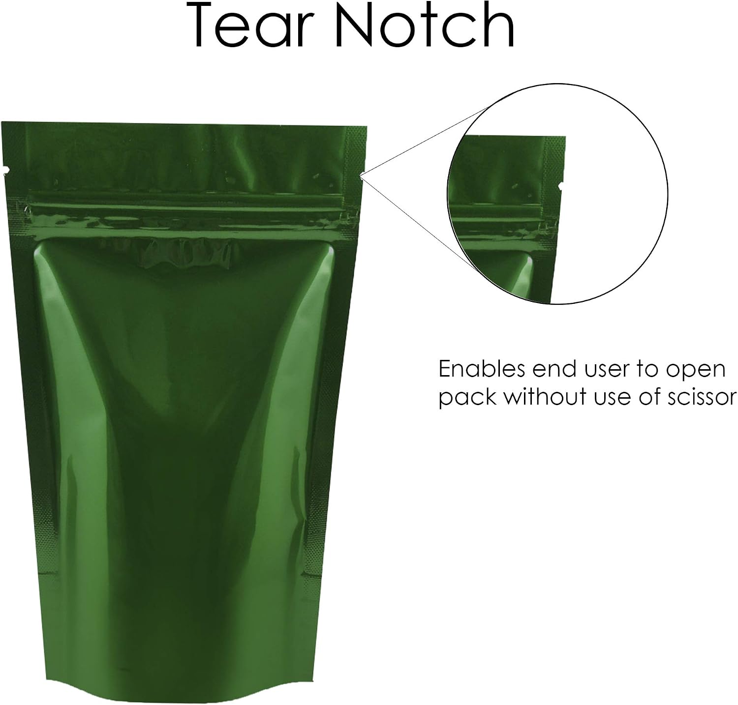 Rightpak Stand Up Pouches 25 Pieces 11cm x 17cm, Green Shiny Heat Sealable Tear Notches Smell Proof for Food Storage With Ziplock - Image 5