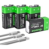 Quzmo 4-Pack Rechargeable 9V Batteries, 1300mAh 9 Volt Lithium-ion Long Lasting Power, USB-C Recharge with 2 in 1 Charging Ca