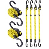 48" Flat Adjustable Bungee Cords with Hooks, 3X Faster to Adjust the Length | LUCKY STRAPS 6 Pack Black/Yellow Heavy Duty Bungee Straps for Cargo, Bike, Cart, Tent, Truck, Camping, Outdoor