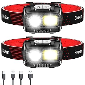 Blukar LED Stirnlampe Wiederaufladbar, Superhell Kopflampe mit 8 Lichtmodi, Sensor und Rotlicht, Leichtgewichtig IPX5 Wasserdichte Mini Stirnleuchte für Joggen, Campen, Angeln - 2 Stück