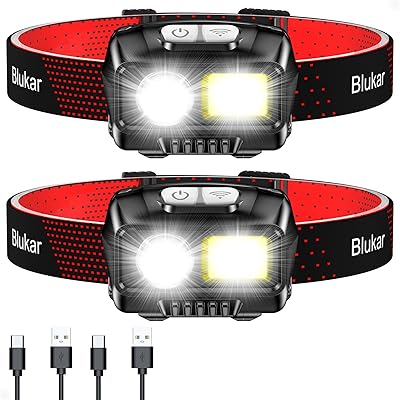 Blukar LED Stirnlampe Wiederaufladbar, Superhell Kopflampe mit 8 Lichtmodi, Sensor und Rotlicht, Leichtgewichtig IPX5 Wasserdichte Mini Stirnleuchte für Joggen, Campen, Angeln - 2 Stück