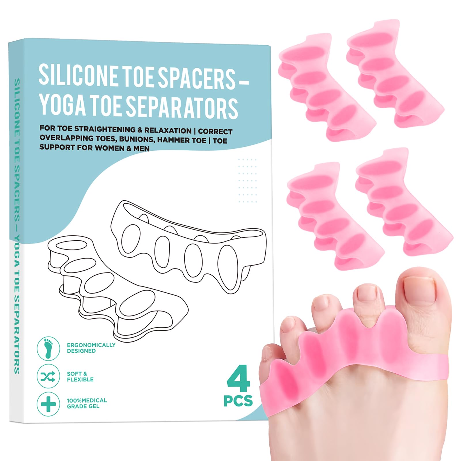 Photo 1 of 4 Pcs Silicone Toe Spacers – Yoga Toe Separators for Toe Straightening & Relaxation | Correct Overlapping Toes, Bunions, Hammer Toe | Toe Support toe separators for Women & Men (Pink, 3.98)