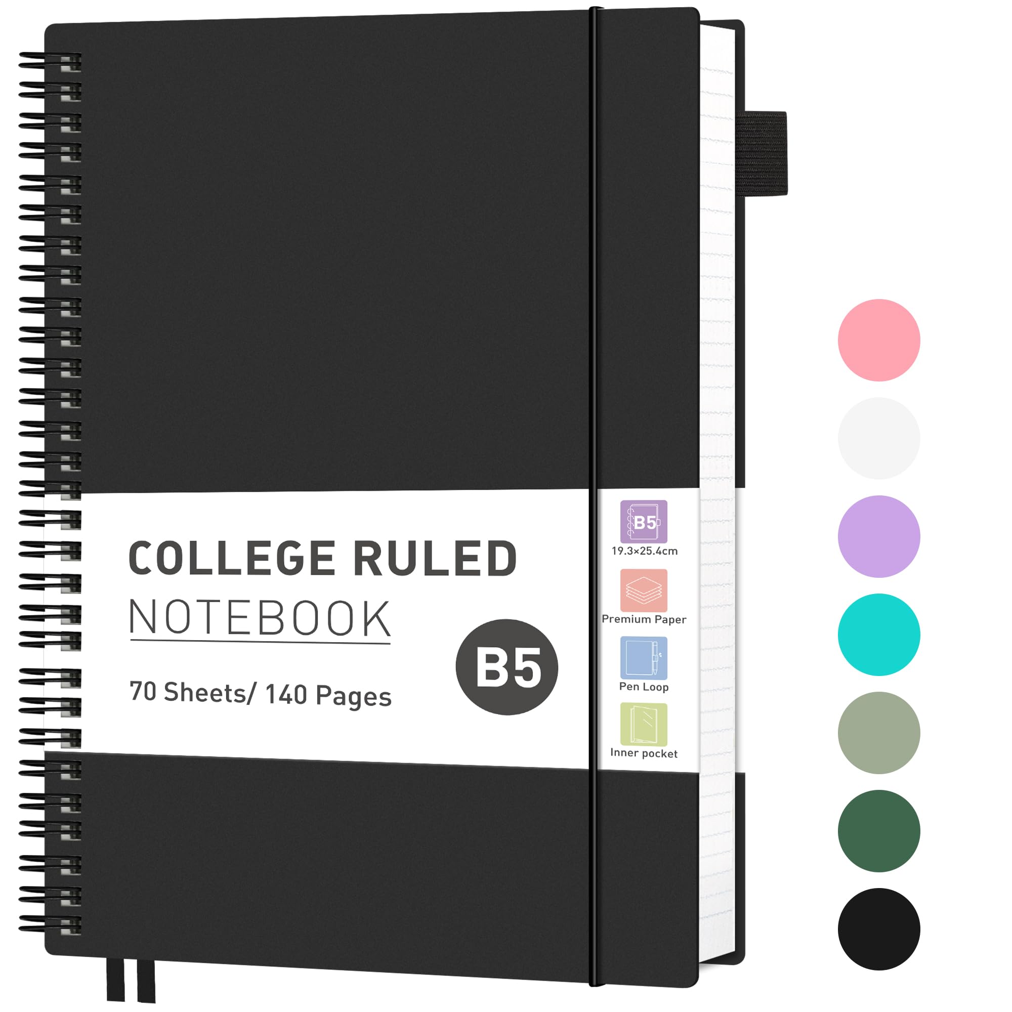 RETTACY B5 journal Notebook, Spiral Notebook 140 Pages/70 Sheets Lined for Women Men,Writing Notepad with 100gsm Paper,PVC Pocket, Pen Loop, Ruler, Bookmark,19 x 25 cm - Black