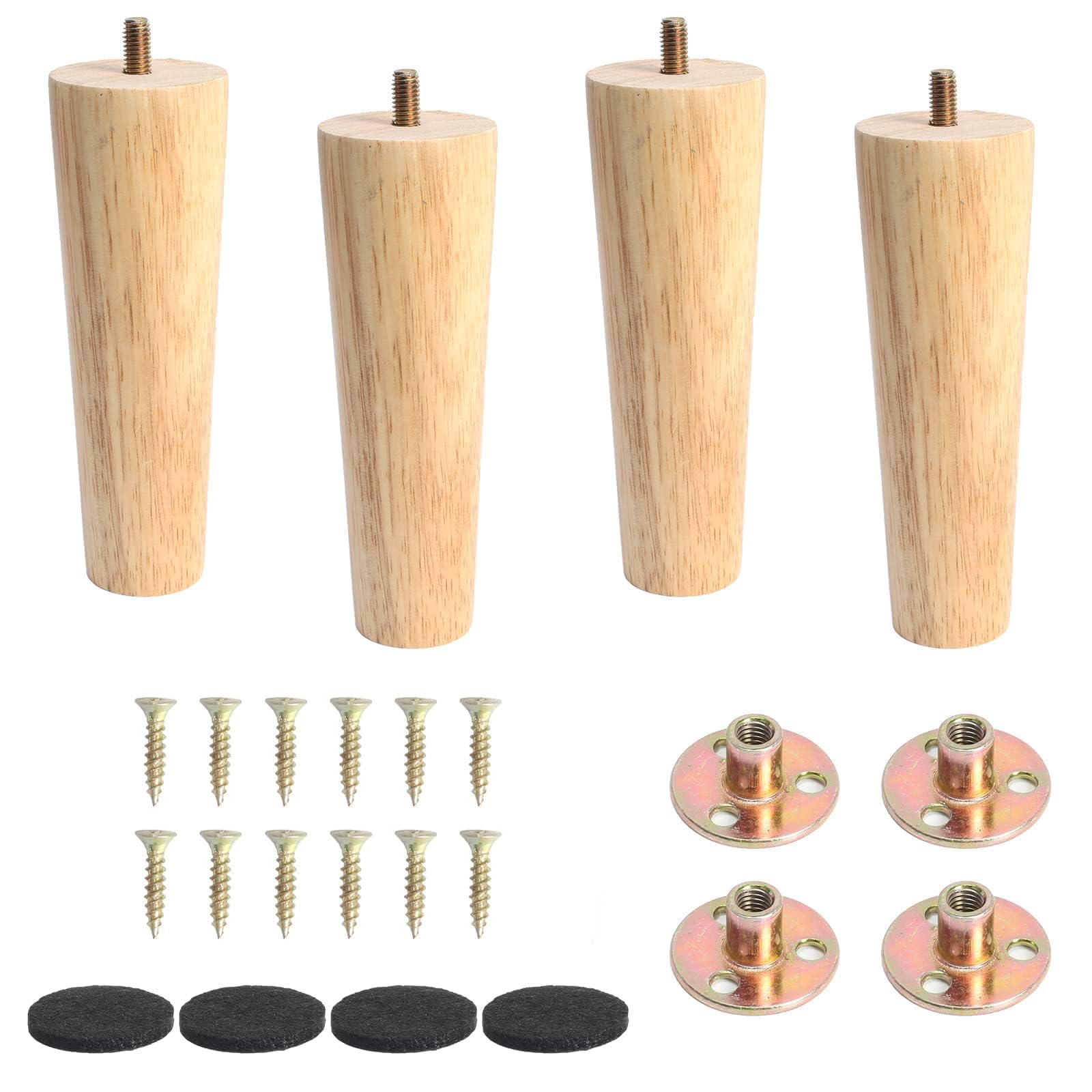 Zythrem 6 inch Wooden Furniture Legs 15cm Wood Sofa Legs Set of 4 Chair Leg Bed Cabinet Couch Legs Sofa Feet Straight Cone Furniture Replacement Feet with Mounting Plate, Screws and Anti Slip Mats