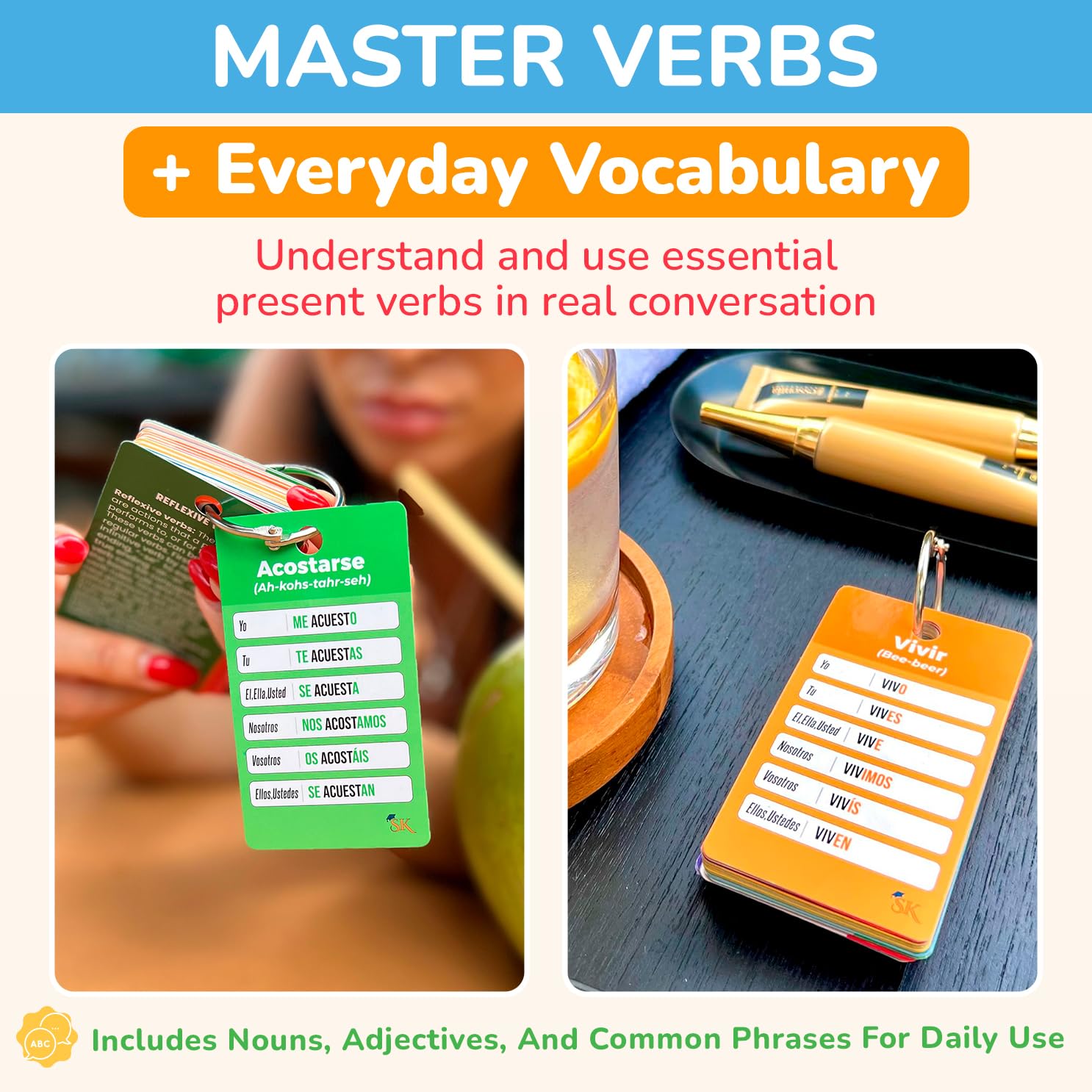 500+ Spanish Vocabulary Flash Cards for Adults & Kids Ages 15+ - Verb Conjugation, Nouns, Adjectives & Phrases to Learn Spanish for Adult Beginners Flashcards