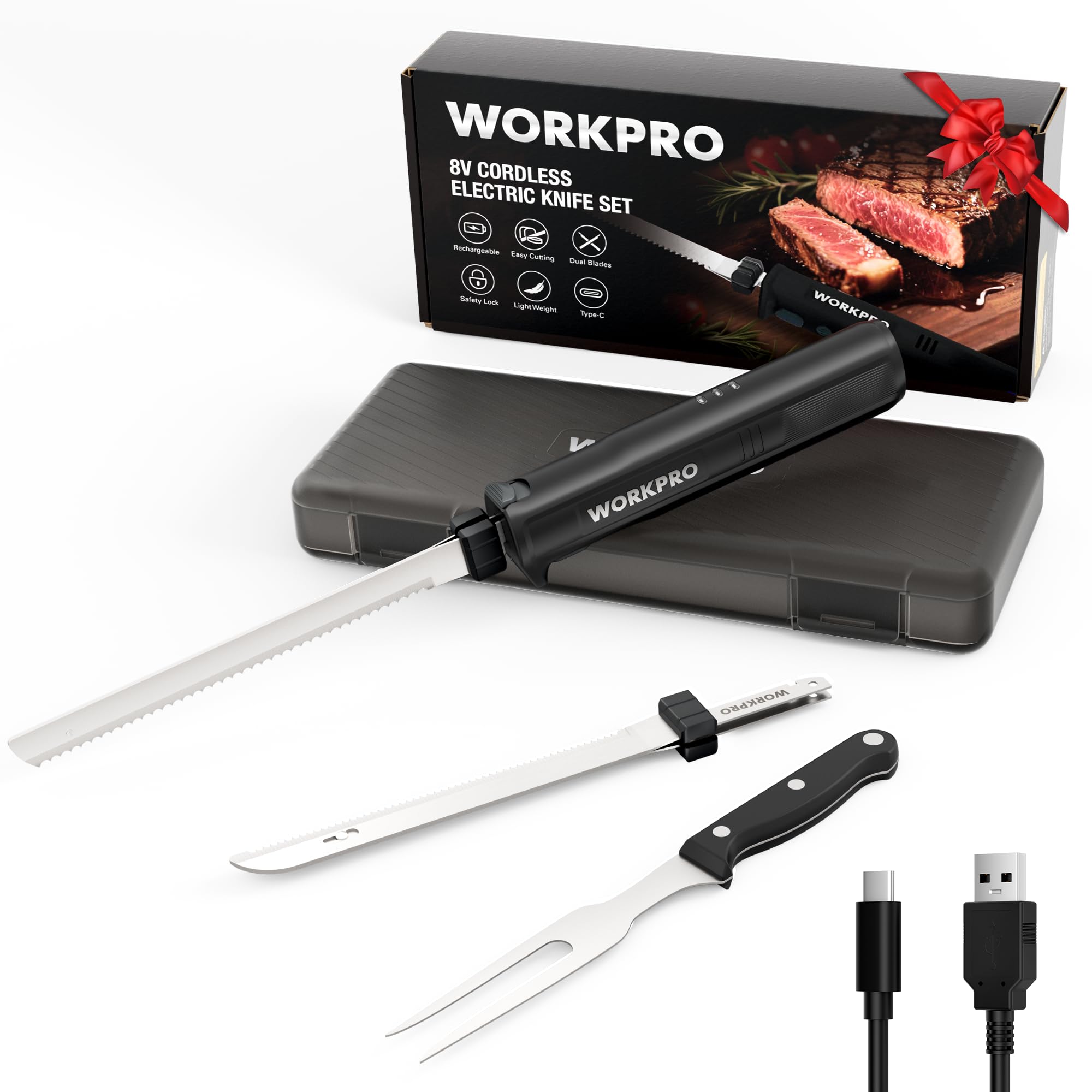 workpro electric knife for meat slicing, cordless electric carving knife for turkey, fish & bread, two stainless steel blades, ergonomic handle, storage case & serving fork included, black