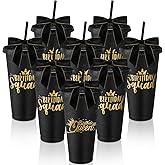 Jingmore 8 Set Birthday Party Glitter Tumblers 24 oz Birthday Squad Birthday Queen Plastic Tumblers with Lid Straw and Twist Bow for Birthday Decorations Party Favor for Women(Black)