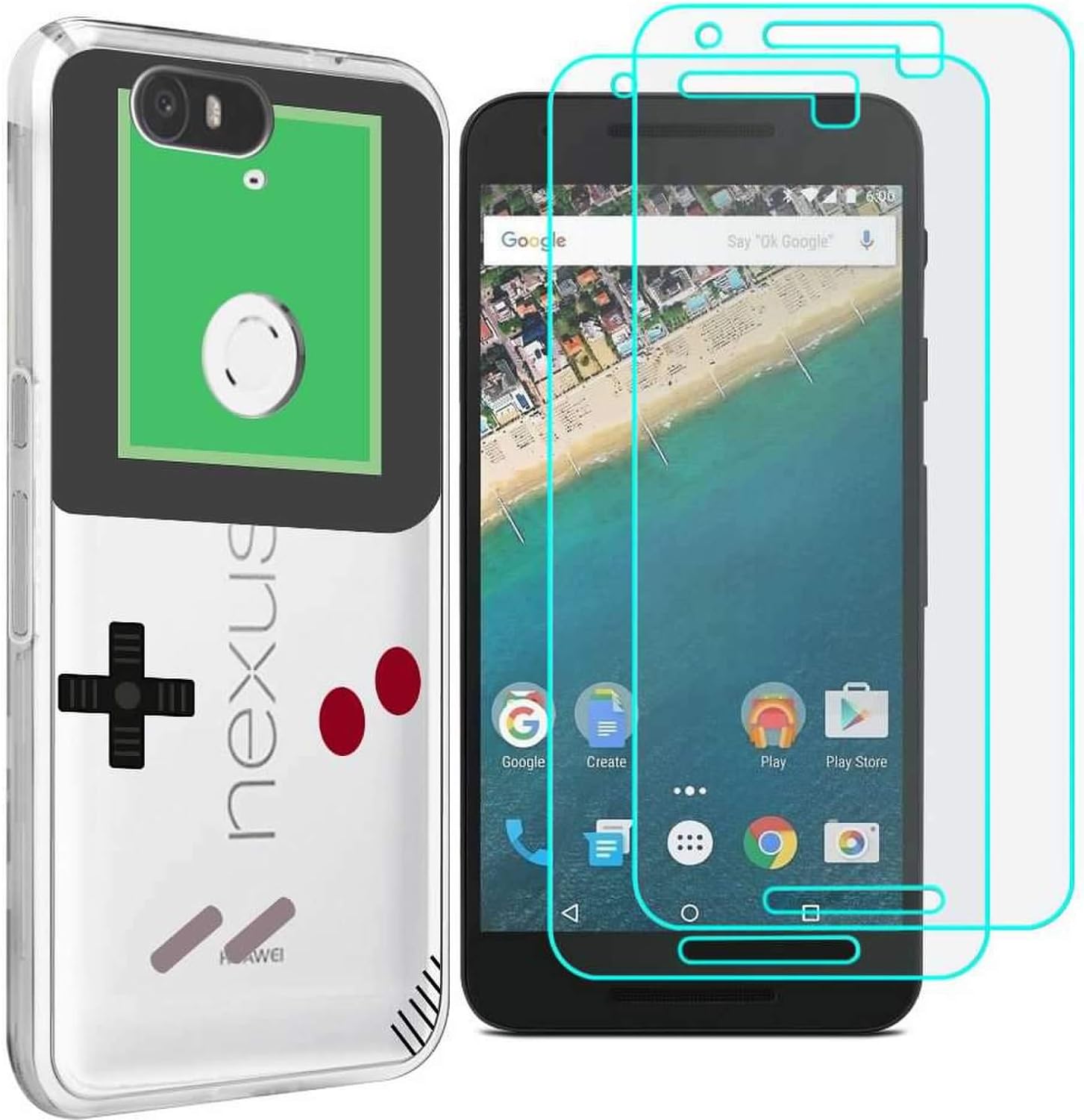 Nexus 6P Case with 2 Pack Glass Screen Protector Phone Case for Men Women Girls Clear Soft TPU with Protective Bumper Cover Case for Google Nexus 6P 2015 -Game Machine