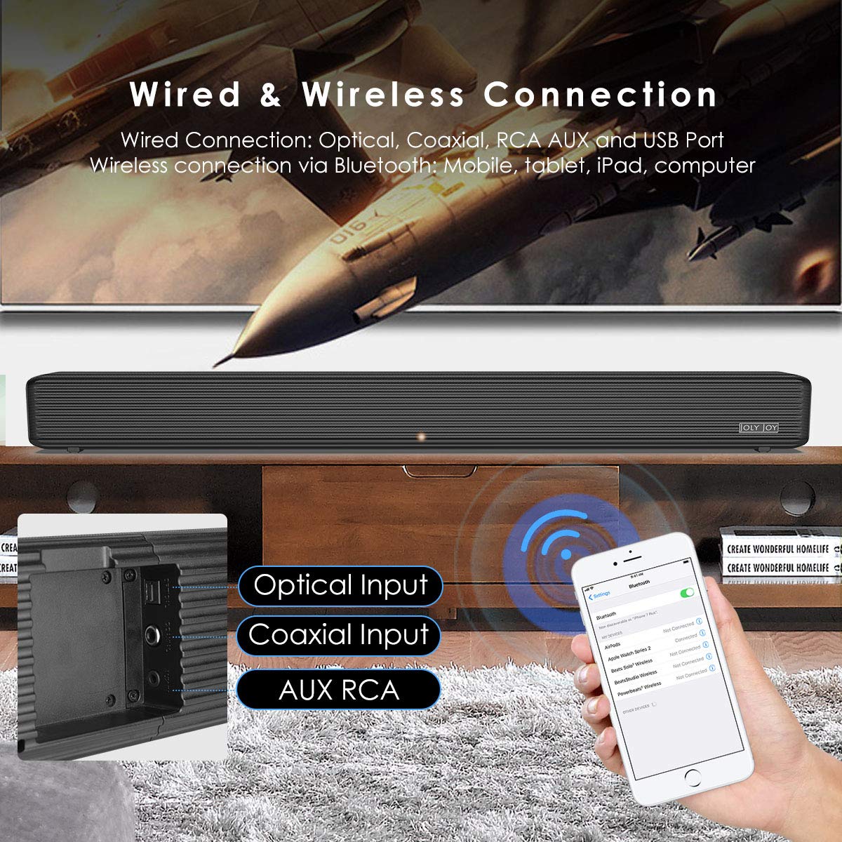 Sound Bars for TV, Joly Joy 80W TV Sound Bar Wireless Audio Speaker and Wired Home Theater Speaker System (Bluetooth 2.1-Channel, Remote Control, Wall Mountable)