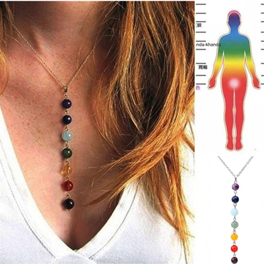 Silver Necklace Seven Color Agate Pendant Yoga Necklace Jewelry