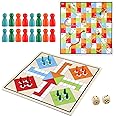 2 in 1 Snakes and Ladders, Ludo Game Set, 12 x 12 Inch Ludo Board 2-4 Players Family Dice Set Classic Double Sided Board for Adults Teens, with 2 Wooden Dices and 16 Game Pieces