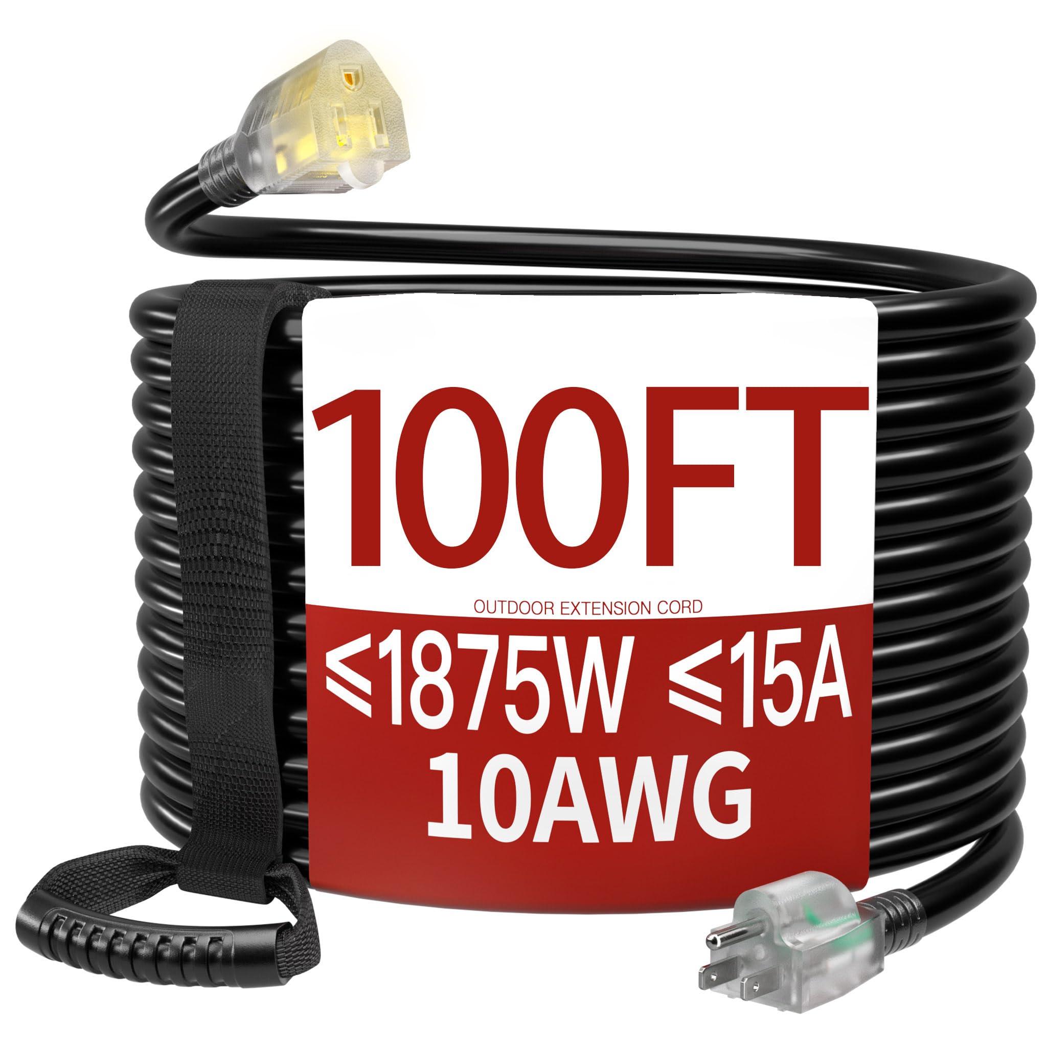 Photo 1 of 100 FT 10 Gauge Extension Cord Outdoor, Heavy Duty Weatherproof & Flame Retardant Black 3 Prong Power Cord with Light, Outside for Lawn & Garden, 15 Amps 1875 Watts 125 VAC 10AWG SJTW, ETL Listed