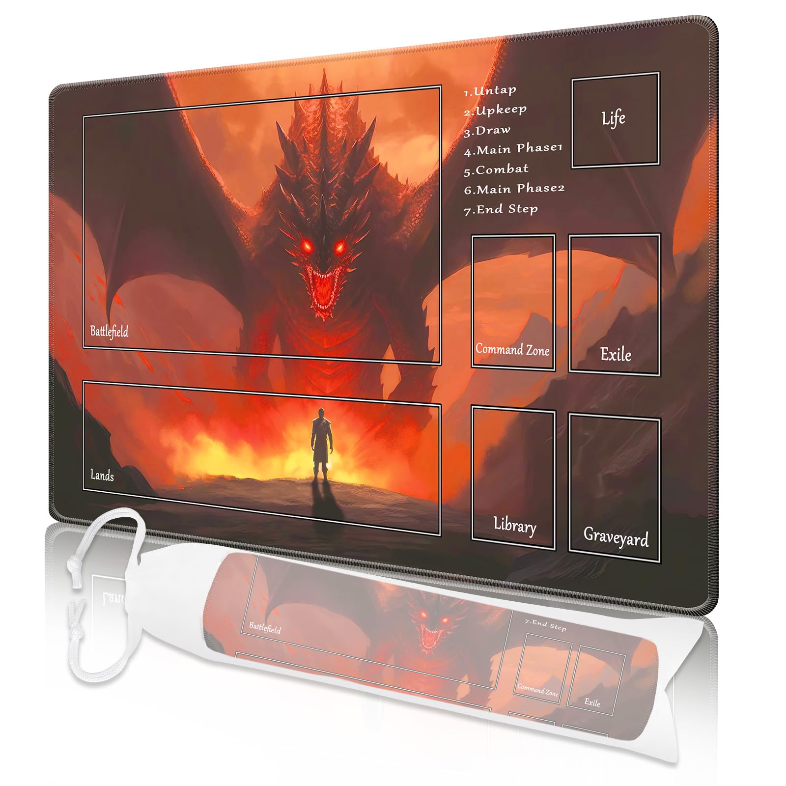 Nkddert MTG Playmat, Playmats for MTG TCG 24" x 14" Stitched Edges Play Mat with Free Storage Bag for Cards Game Play Waterproof Battle Board Game Fierce Dragon MTG Playmat with Zones