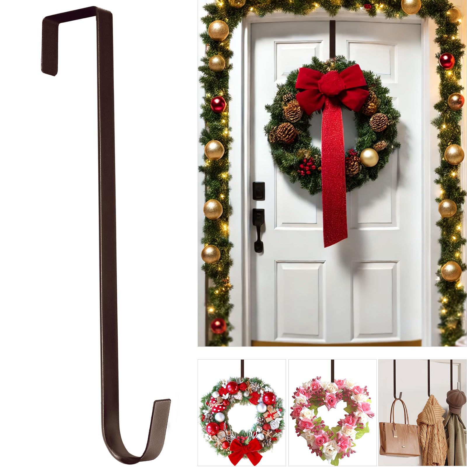 Photo 1 of 12" Metal Wreath Door Hanger, Non-Scratch Wreath Hangers for Front Door, Heavy Duty Over-the-Door Hooks for Hanging Welcome Sign, Easter, Halloween, Fall, Christmas Decoration, Holds up to 20 lbs