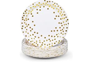 MATICAN Party Paper Plates, 50-Pack Disposable White and Gold Plates, Foil Polka Dots, 9-Inch