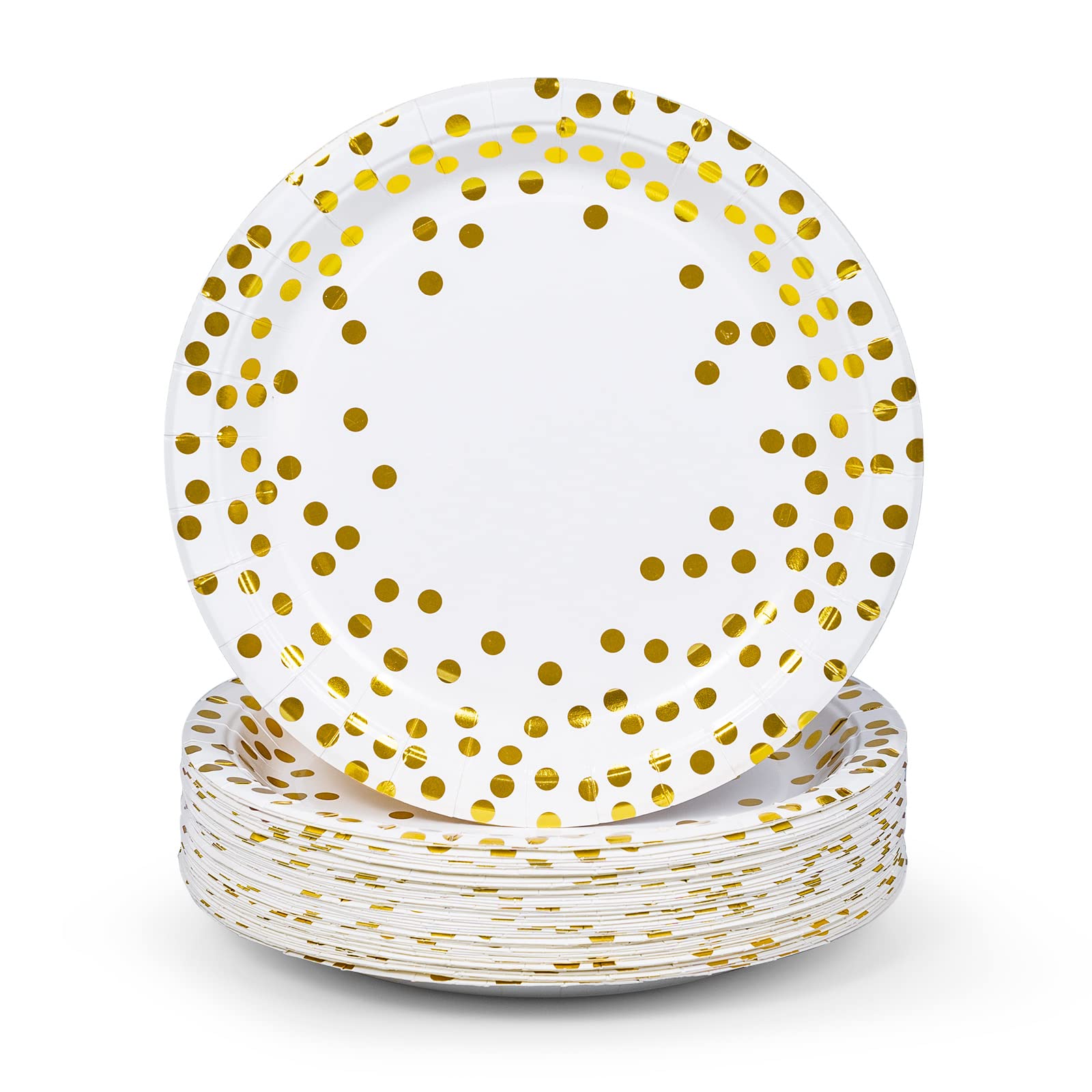MATICAN Party Paper Plates, 50-Pack Disposable White and Gold Plates, Foil Polka Dots, 9-Inch