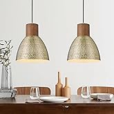 ELYONA 2 Pack Hammered Pendant Light Fixtures, 10.2" Vintage Metal Solid Wood Hanging Bar Lamp, Mid Century Antique Gold Pend