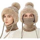 Feelorna Beanie Hat for Women, 3 in 1 Winter Hat Scarf Mask Set, Windproof Warm Plush Knit Hats with Pompom for Cold Weather