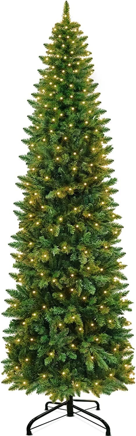 Trees - 7.5 Feet Pencil Christmas Tree 350 LED DIY Warm Lights, 1150 Thick Branch Tips, Fire-Resistant, UL Plug, Metal Stand, Hinged Artificial Slim Xmas Tree Christmas Decorations Home