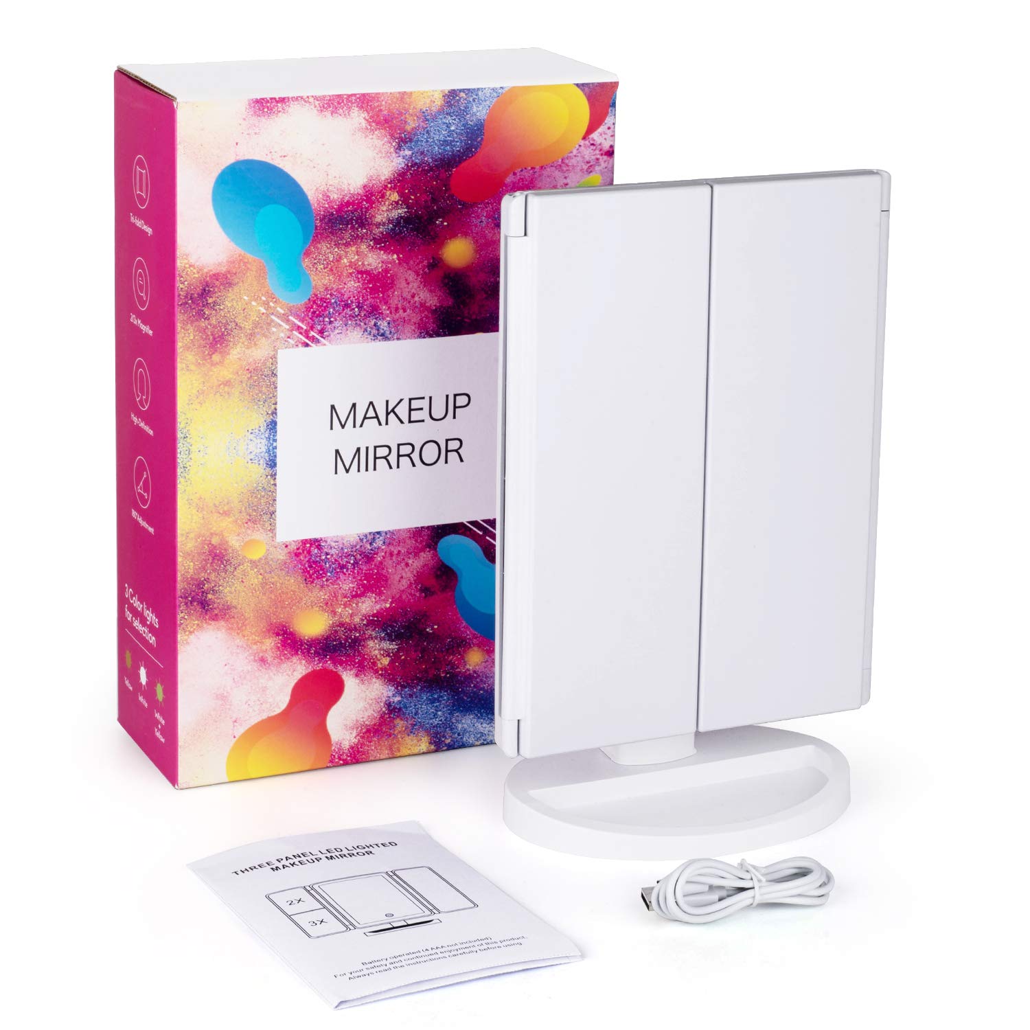 KOOLORBS Makeup Mirror with Lights, 3 Color Lighting Vanity Mirror with 72LEDs, 1x 2X 3X Magnification, Touch Control, Portable Cosmetic Lighted Makeup Mirror : Beauty