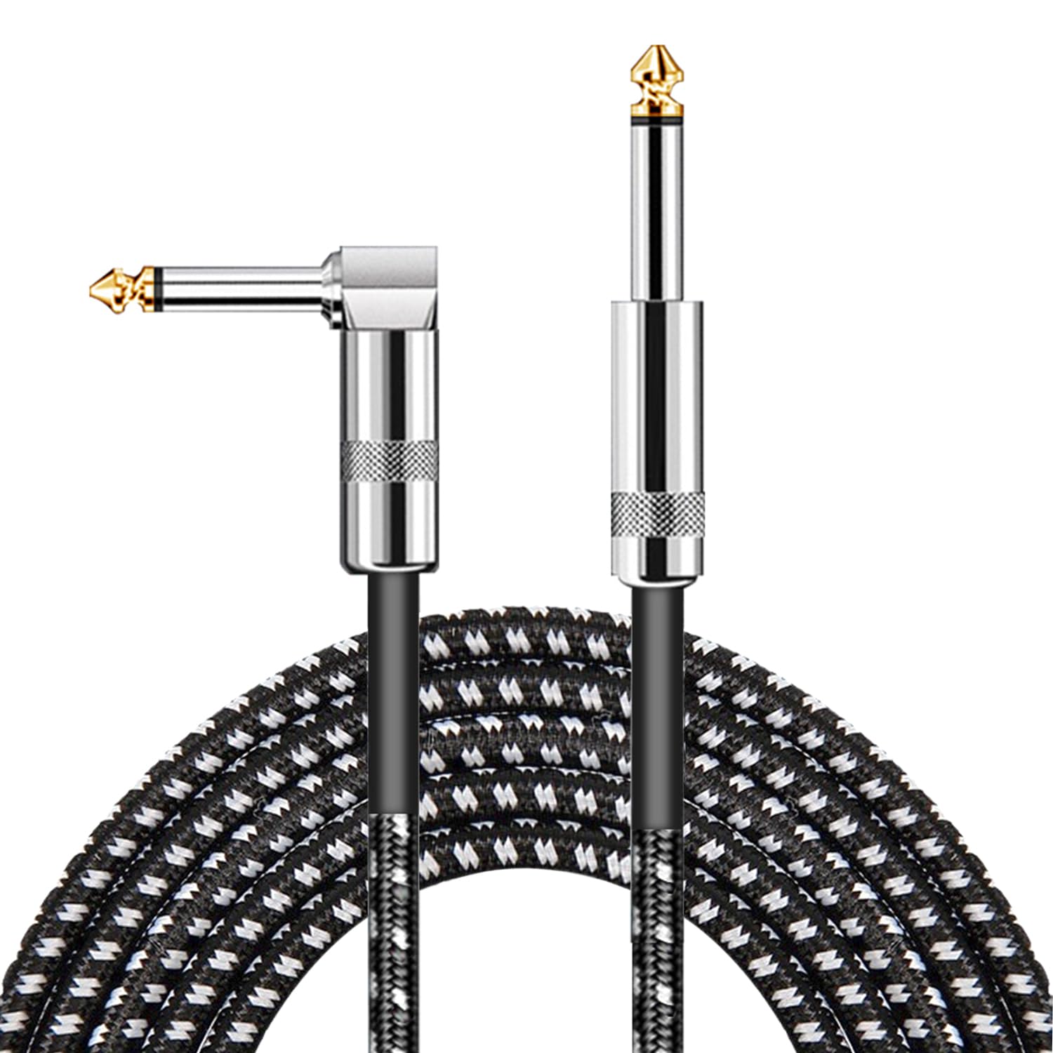 Mepsies Guitar Cable 3m/10ft, TS 6.35mm 1/4 Inch Instrument Cable for Electric Guitar Bass, Braided Cord Amp Cord, Right Angle to Straight, Black White