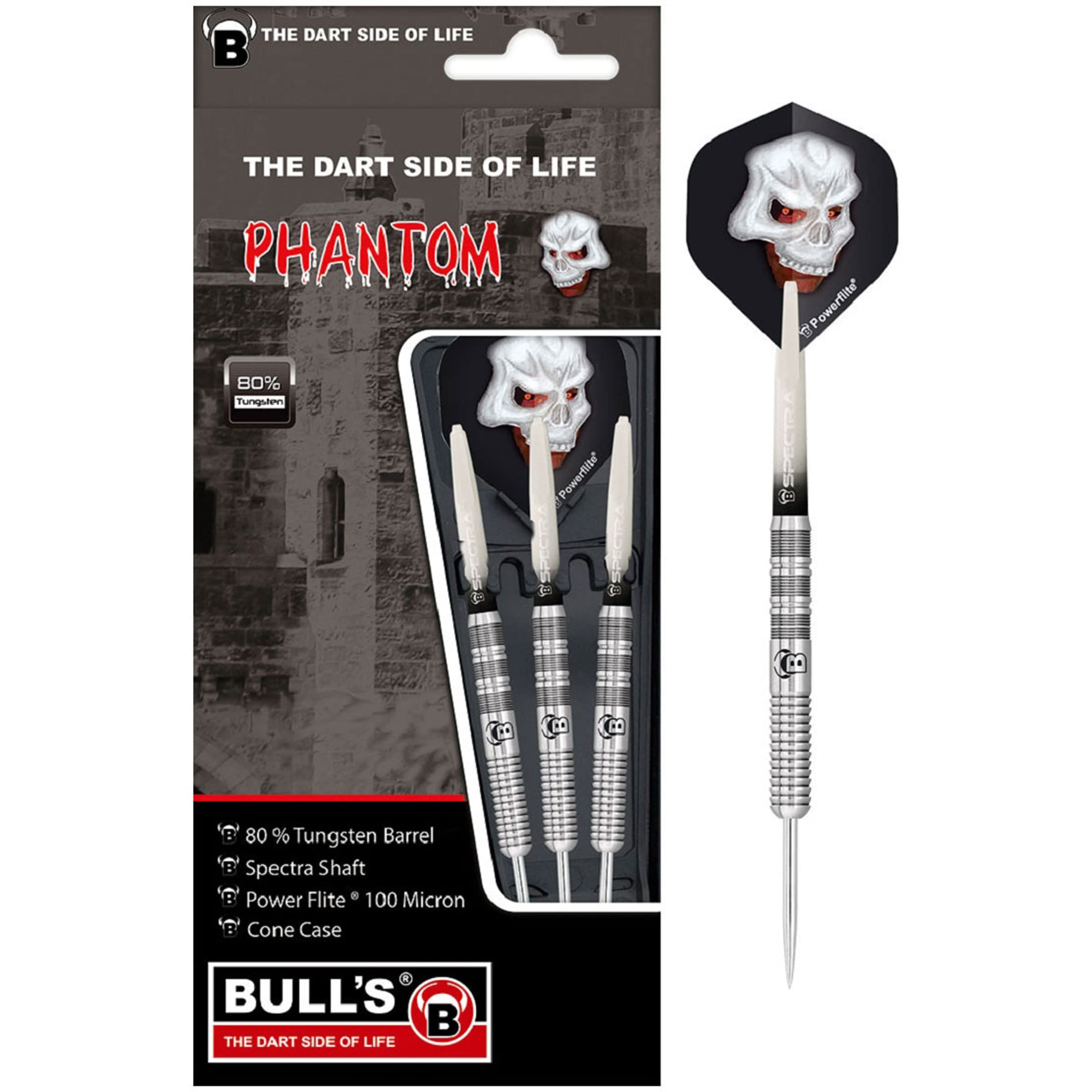 Phantom Steel Dart, made from excellent 80% tungsten (tungsten). 5 barrel variants with different pronounced mills. Includes Spectra shafts and Powerflites, unisex_adult, Bull's Phantom Pt1 Steel Dart 21 g, 13681, Silver, 21 g