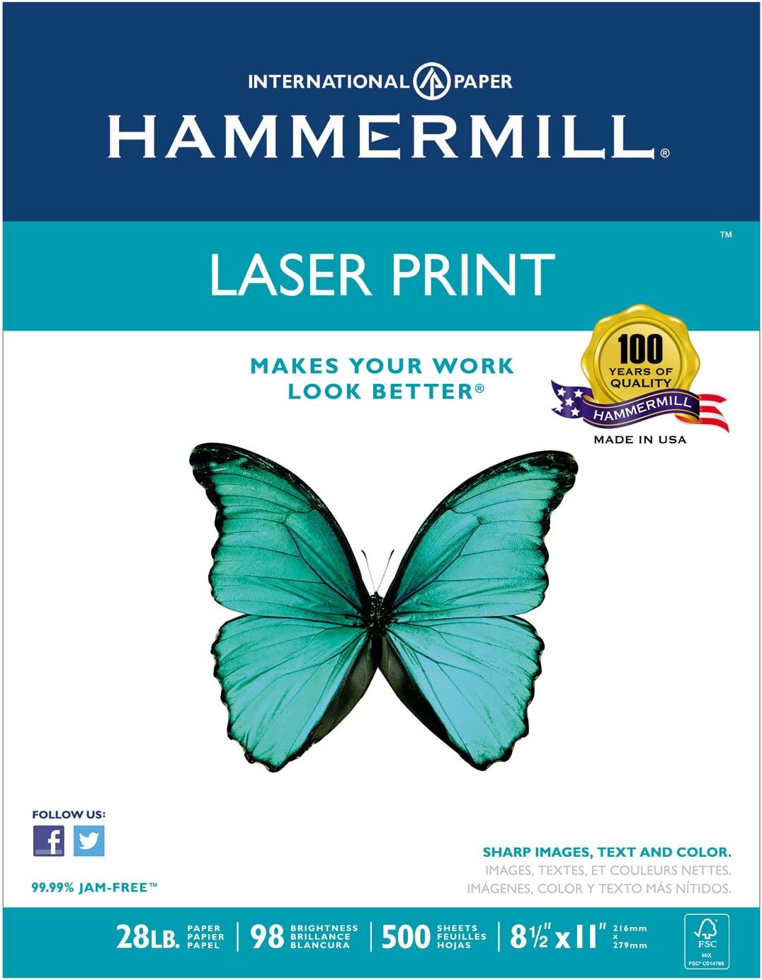 Hammermill 125534 Laser Print Office Paper, 98 Brightness, 28lb, 8-1/2 x 11, White, 500 Shts/Ream : Laser Printer Paper : Office Products