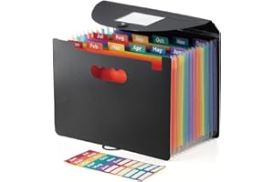 SortRax Portable Accordion File Organizer, 12 Pockets Expanding File Folder, Monthly Bill Receipt Organizer, Bright Tabs with Lables, Letter/A4 Size