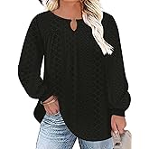 TFSDOD Women Plus Size Tops Long Sleeve Shirts V Neck Pleated Keyhole Blouse Loose Work Tunic Tee 1X-5X