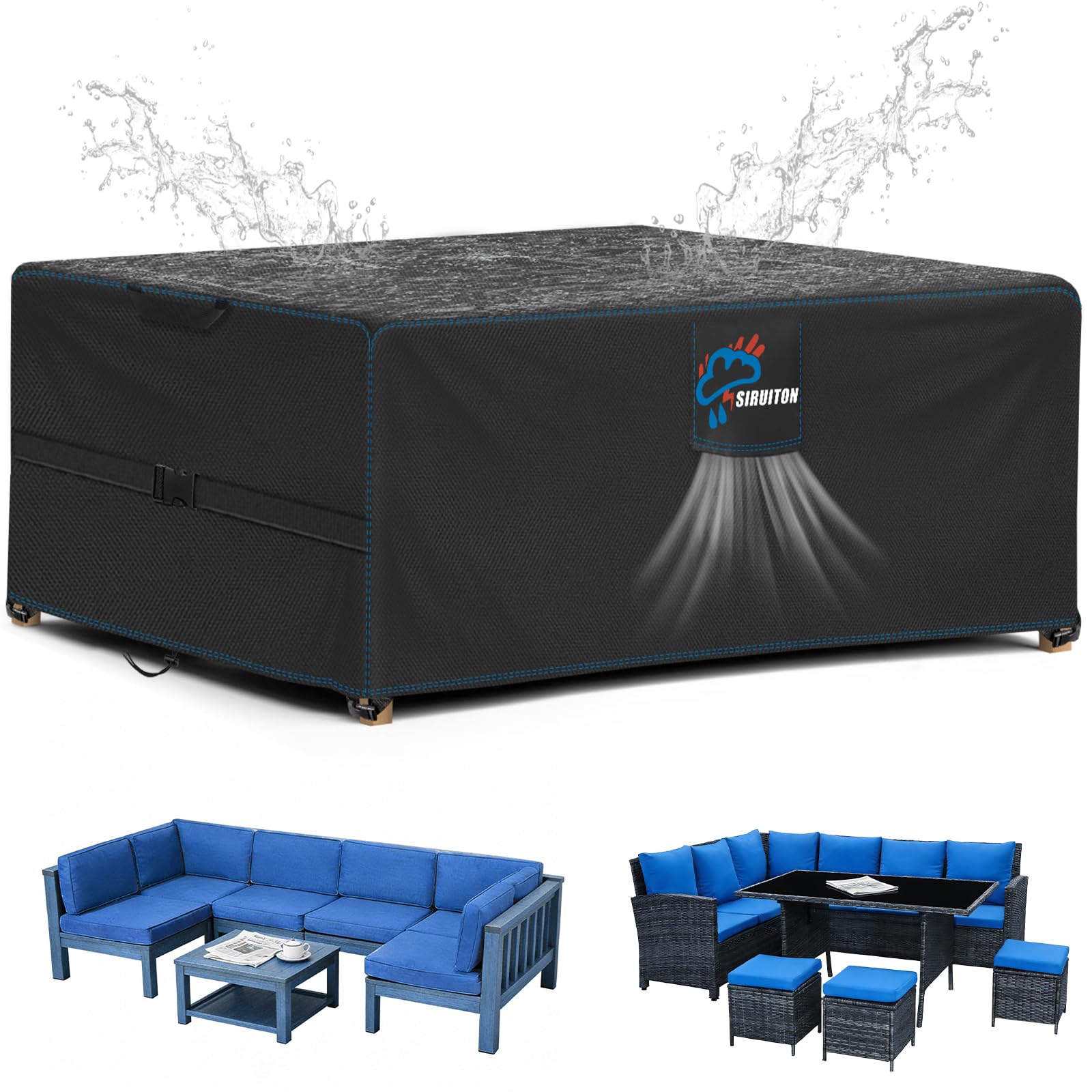 SIRUITON 270x180x89cm Garden Furniture Cover, Patio Garden Table Cover with Air Vent Waterproof, Windproof, Anti-UV, Heavy Duty 420D Oxford Fabric, Rectangular Black