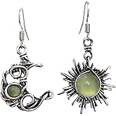 Boho Retro Opal Sun and Moon Dangle Earrings - Vintage Silver Asymmetry Moon Star Sun Dangle Drop Earrings With Black Moonstone - Hypoallergenic Statement Jewelry