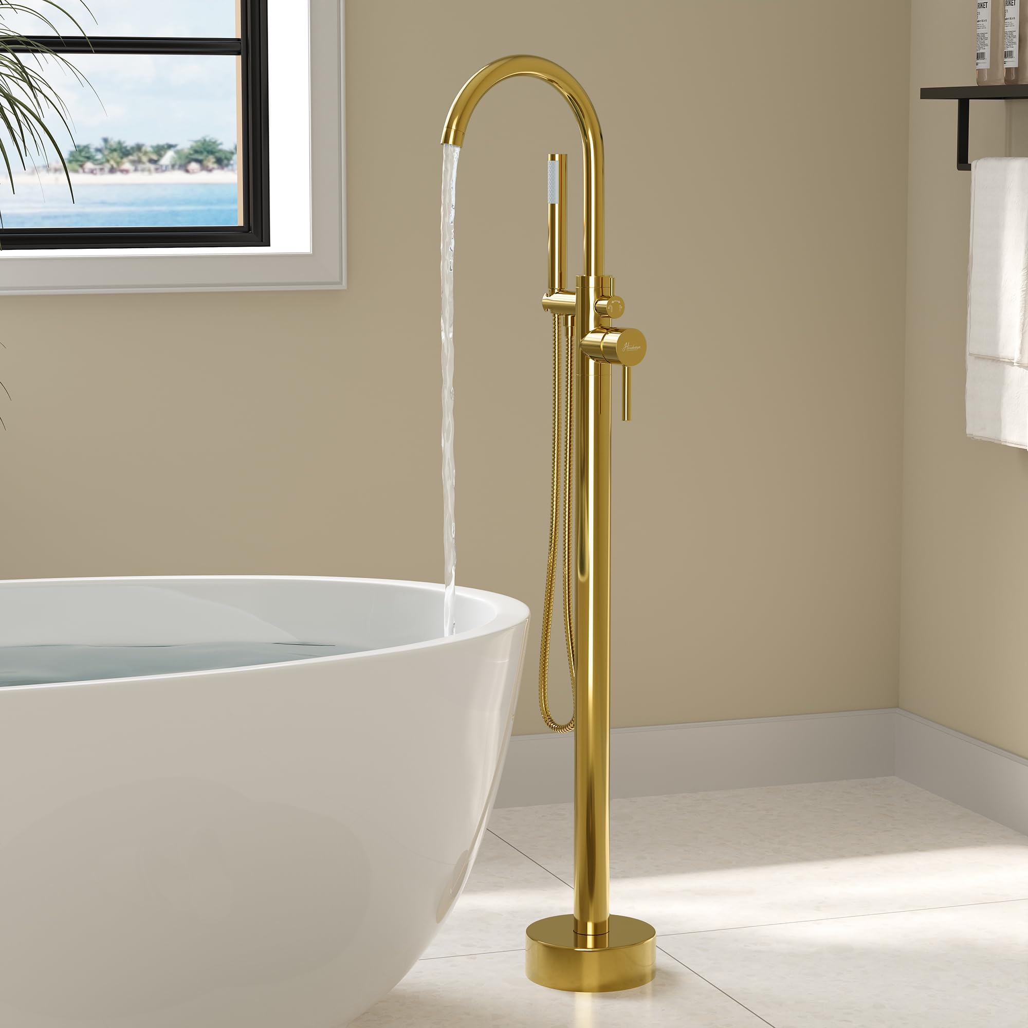Photo 1 of HAWKROWN Freestanding Bathtub Faucet, Floor Mount Bathtub Faucet with 2 Water Outlet Modes, Swivel Gooseneck Spout with Hand Shower, Brass Single Handle Tub filler, Max Flow Rate 7.4 GPM, Gold
