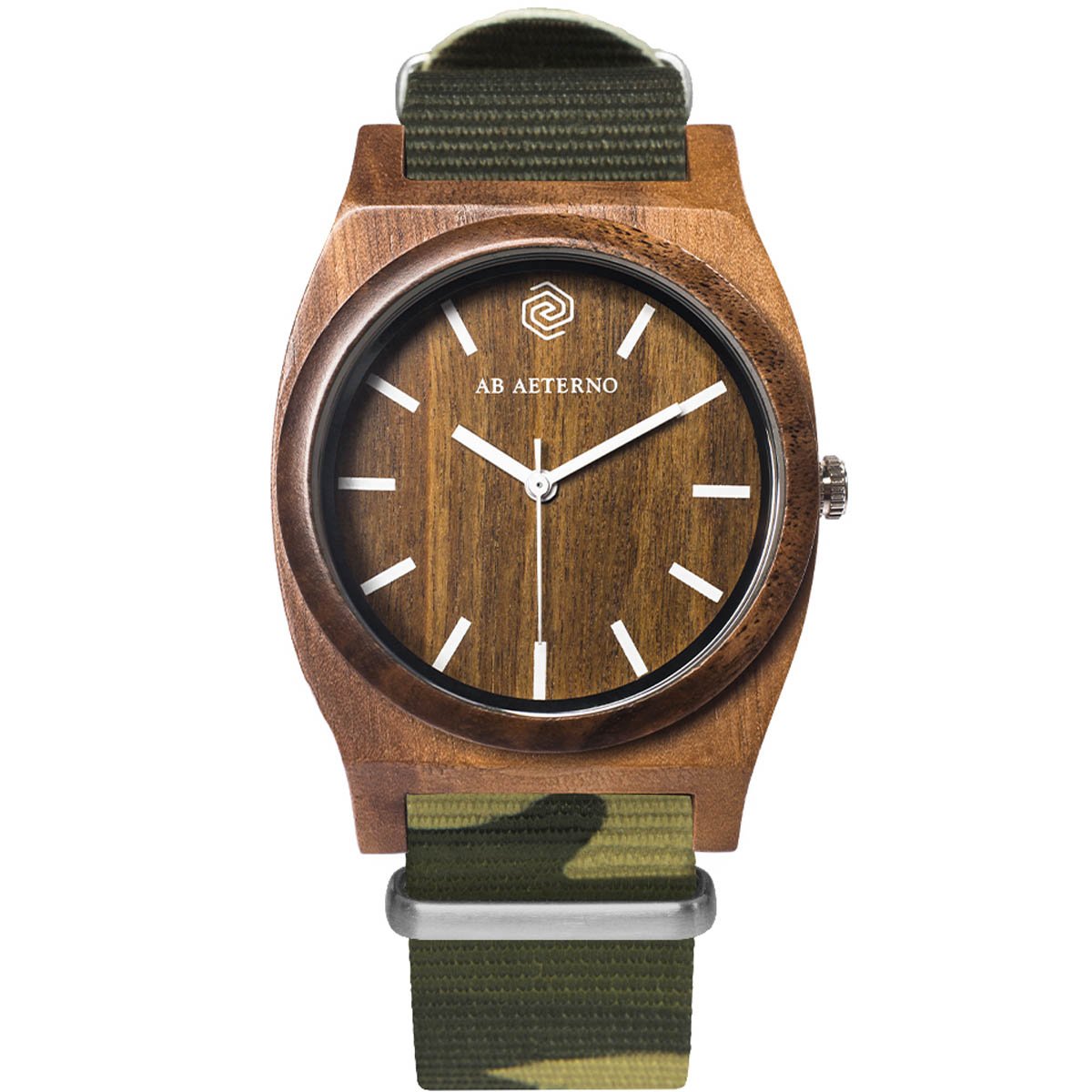 AB AETERNO "Journey White Camouflage Walnut Wood Swiss Quartz Hypoallergenic Analog NATO Fabric Unisex Watch