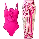 One Piece Swimsuit for Women with Cover Up Set Retro Bathing Suit Tummy Control Knot Swimwear Beach Wrap Skirt