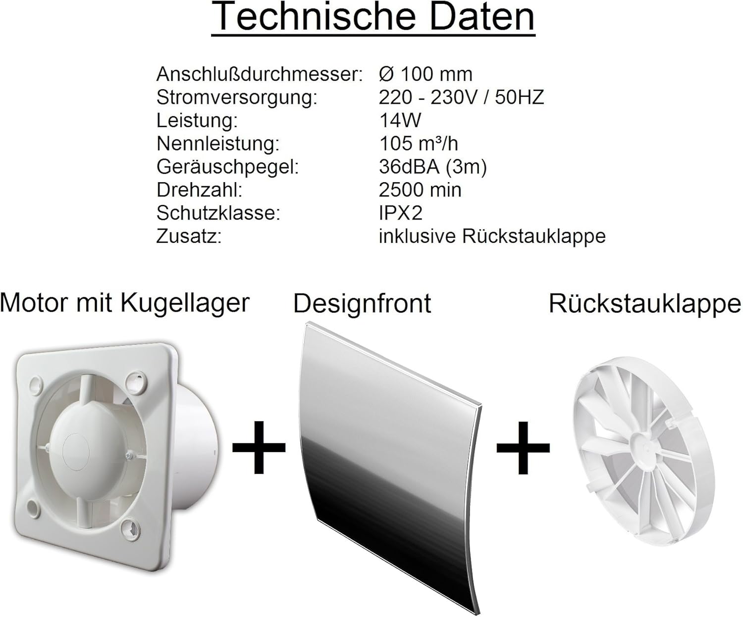Ø 100 mm Design Badventilator hochglanz weiß gebogen mit Microprozessor