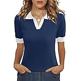 LOMON Womens Puff Short Sleeve Polo Sweater V Neck Knitted Tops Casual Ribbed Shirt Pullover Blouse