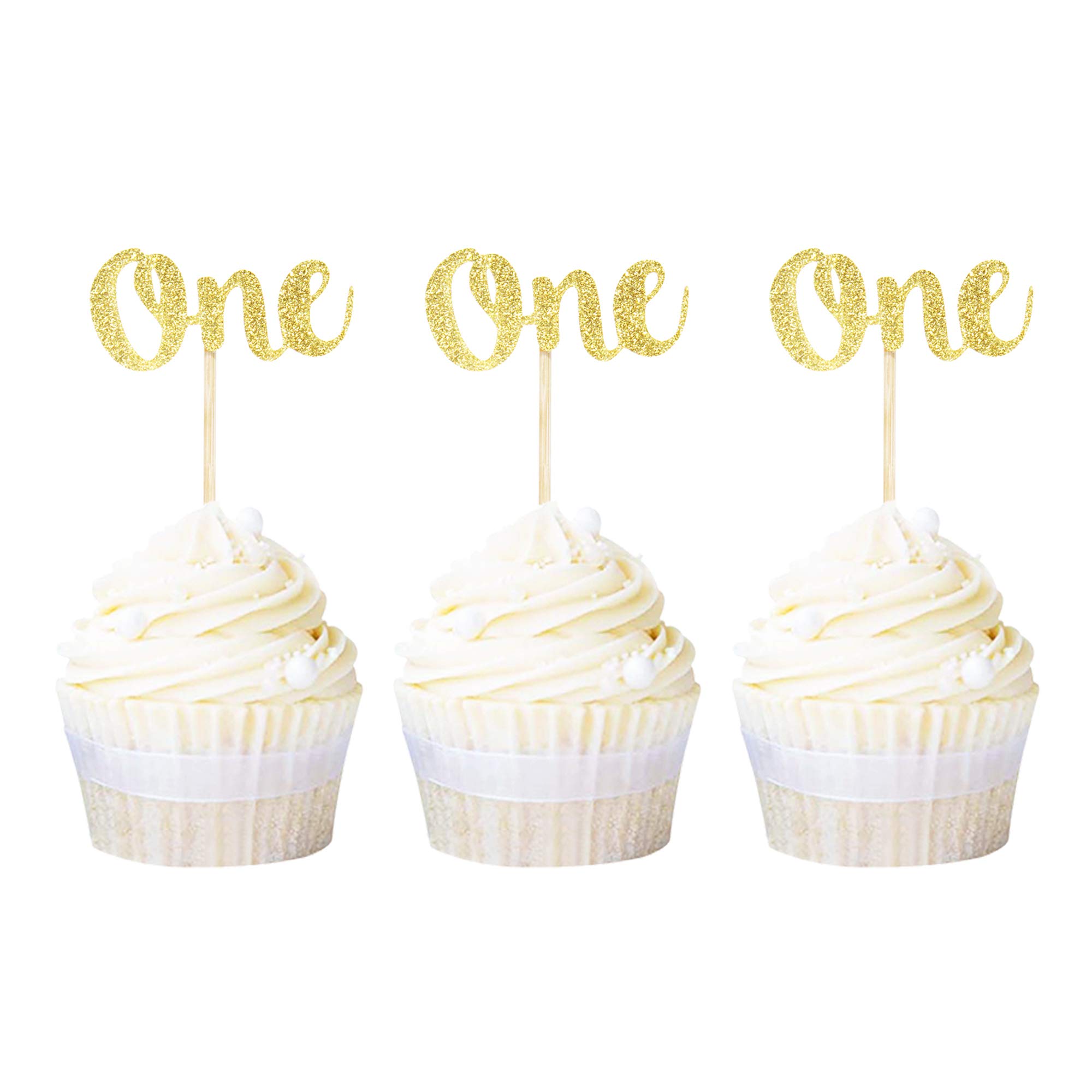 Ercadio 24 Pack One Cupcake Toppers Gold Glitter Cupcake Toppers for