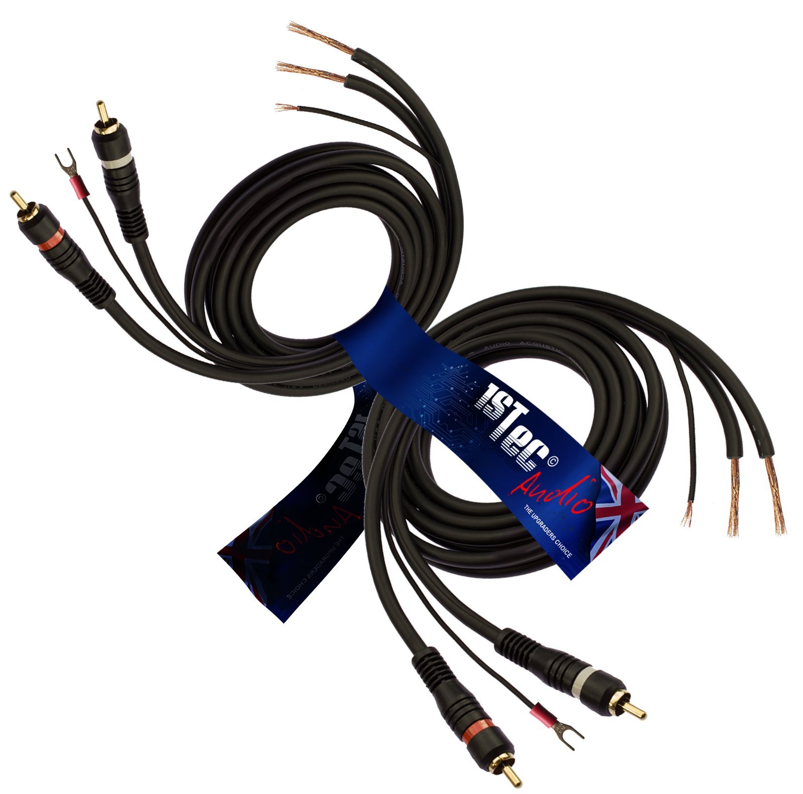 1STec 2 x 1.5m Twin Red + White Moulded RCA Plugs to Bare Wire Ends for Vinyl Player Shielded OFC + Earth Conductors stops Hum Humming Buzz Buzzing Feedback Noise from Amp - HiFi speakers (1.5 Metre)