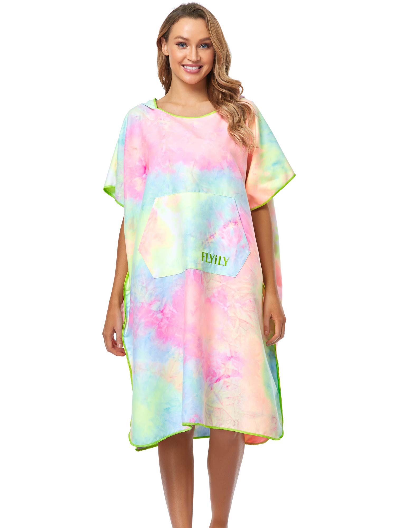 FLYILY Changing Towel Poncho Hooded light weight Microfiber surf wetsuit changing with pocket, Adults/Kids beach swimming changing towel (TieDye01, Large(Fit for Adult))