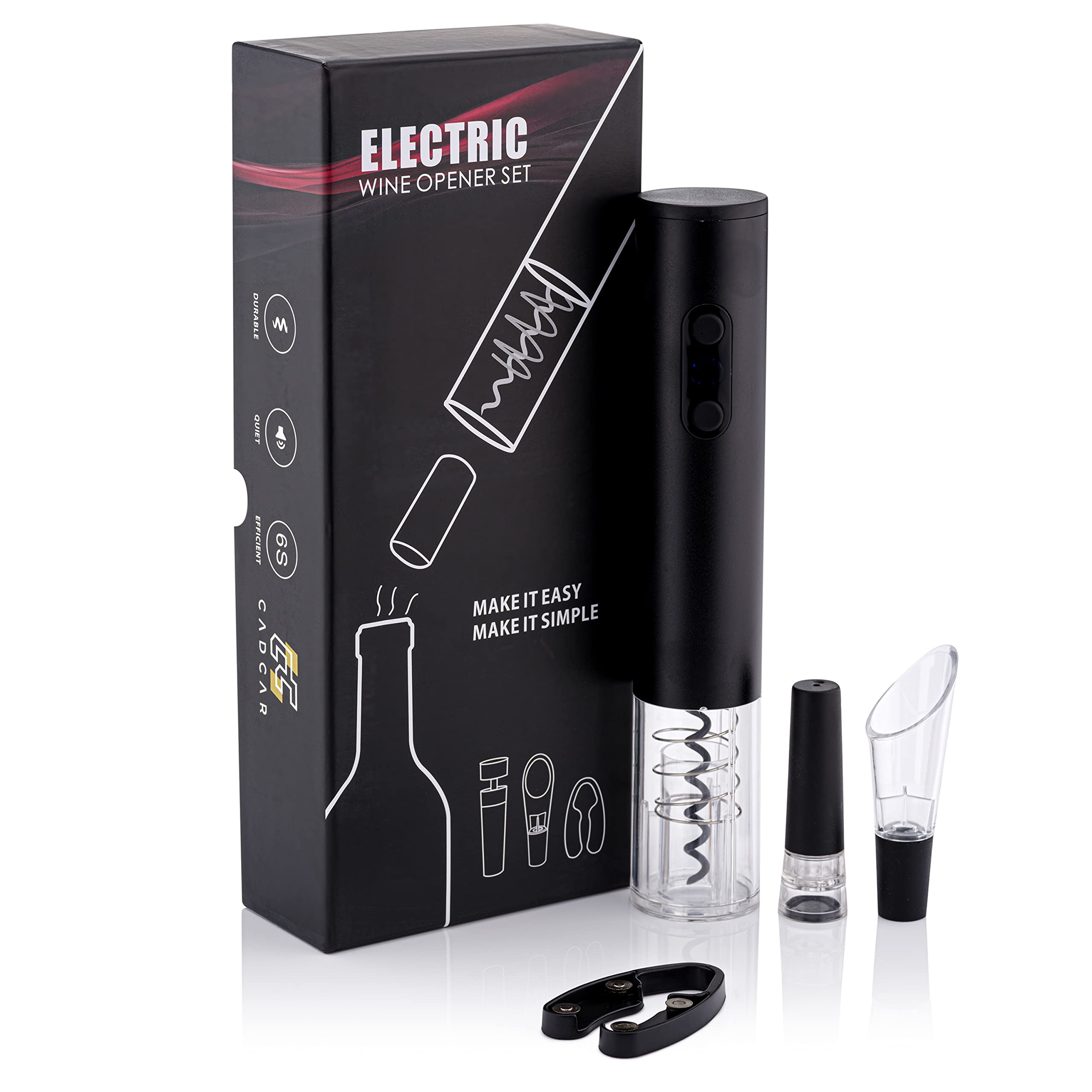 CADCAR Electric Wine Bottle Opener Gift Set with Aerator Pourer, Foil Cutter, and Reusable Stopper, Automatic Corkscrew Puller, Automatic and Cordless, Battery Powered Extractor